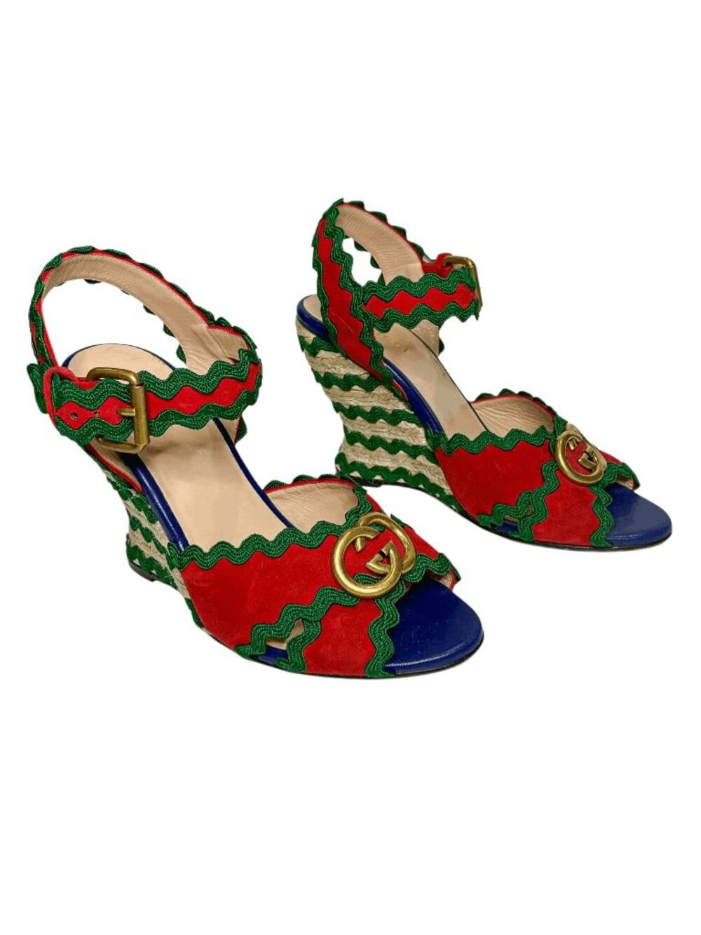 Gucci Shelly GG Logo Wedge Espadrille Sandals Red Green EU 39.5 Double G